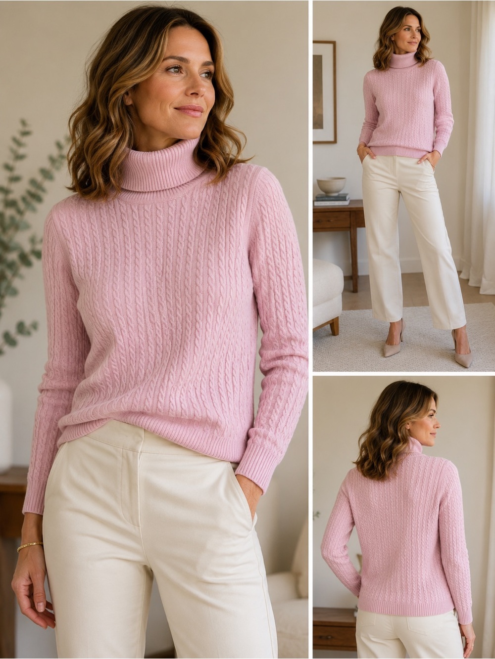 Anne Klein Sport Cashmere Pink Cable Knit Turtleneck Sweater Medium Vintage